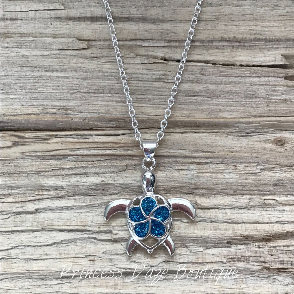 Blue‎ Glitter Turtle Necklace